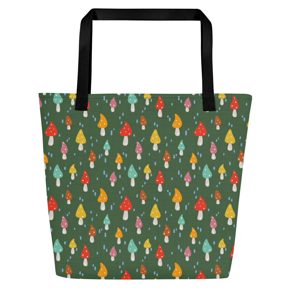 Rainy Green Mushroom Deluxe Tote Bag – Water-Resistant with an Interior Pocket