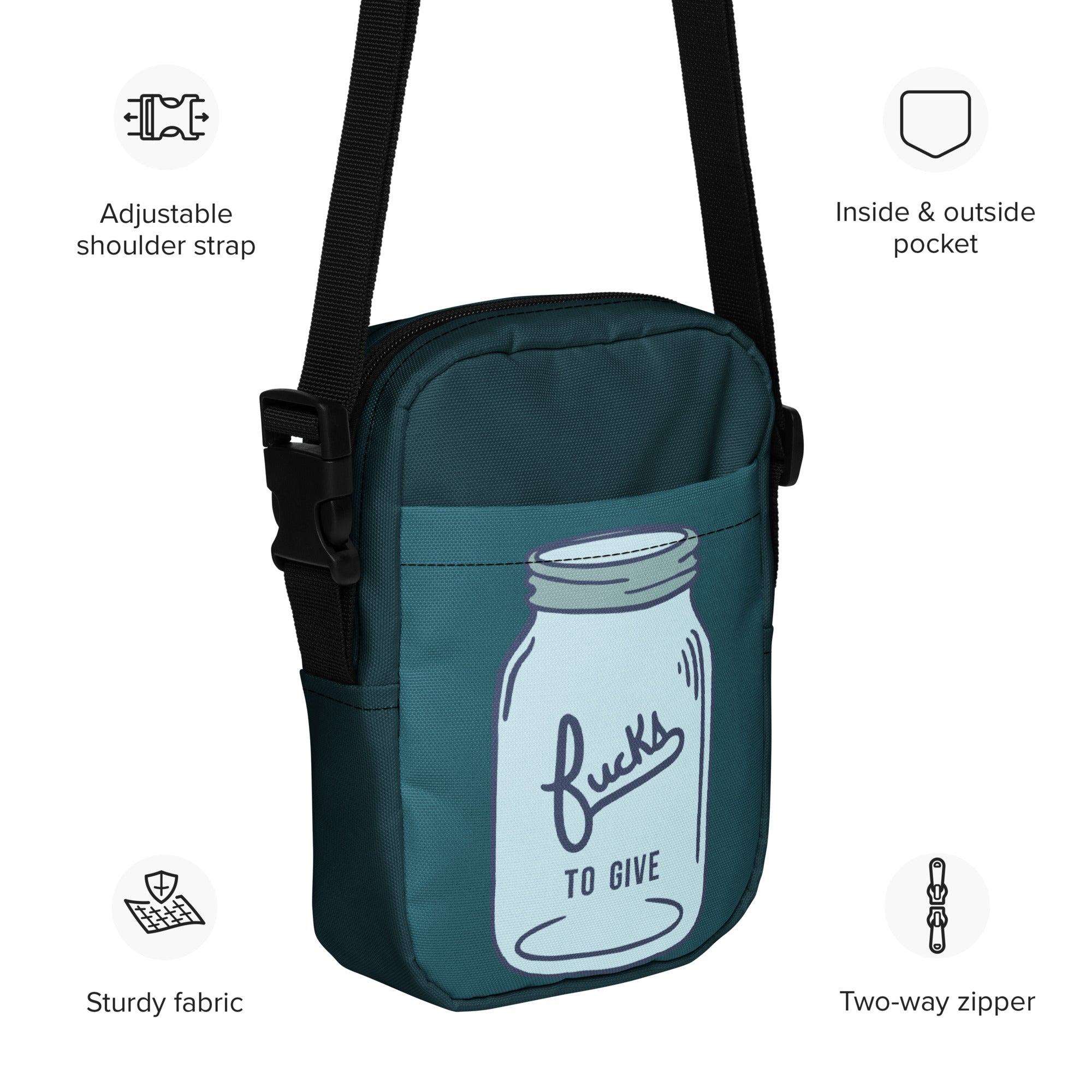 product information sheet that says: adjustable shoulder strap, inside & outside pocket, sturdy fabric, and two-way zipper.