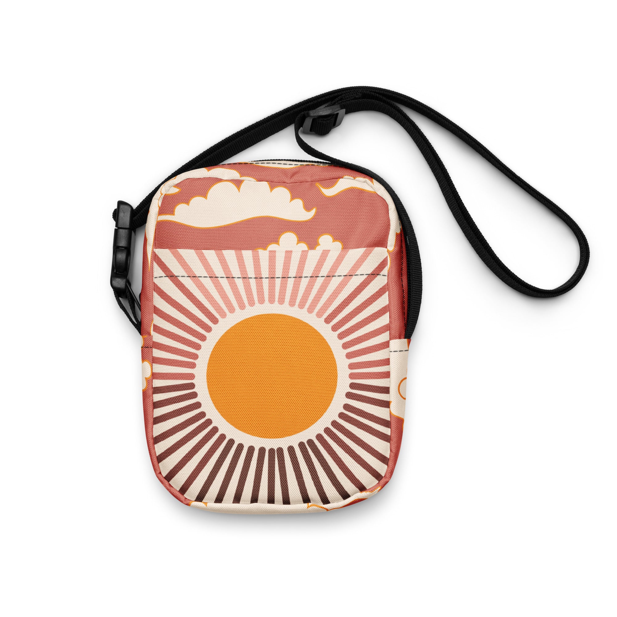 Front photo of bag with Sunshine on slash pocket and pink susnet with clouds