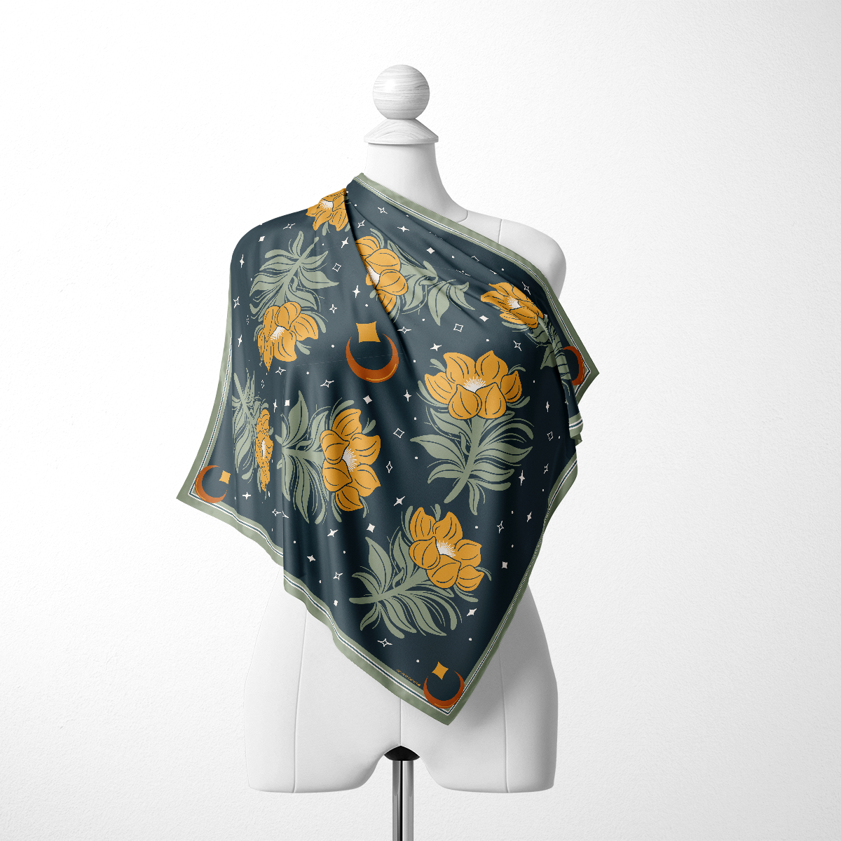 Celestial Blooms Silk Scarf: Starry Night Sky with Mustard Yellow Flowers