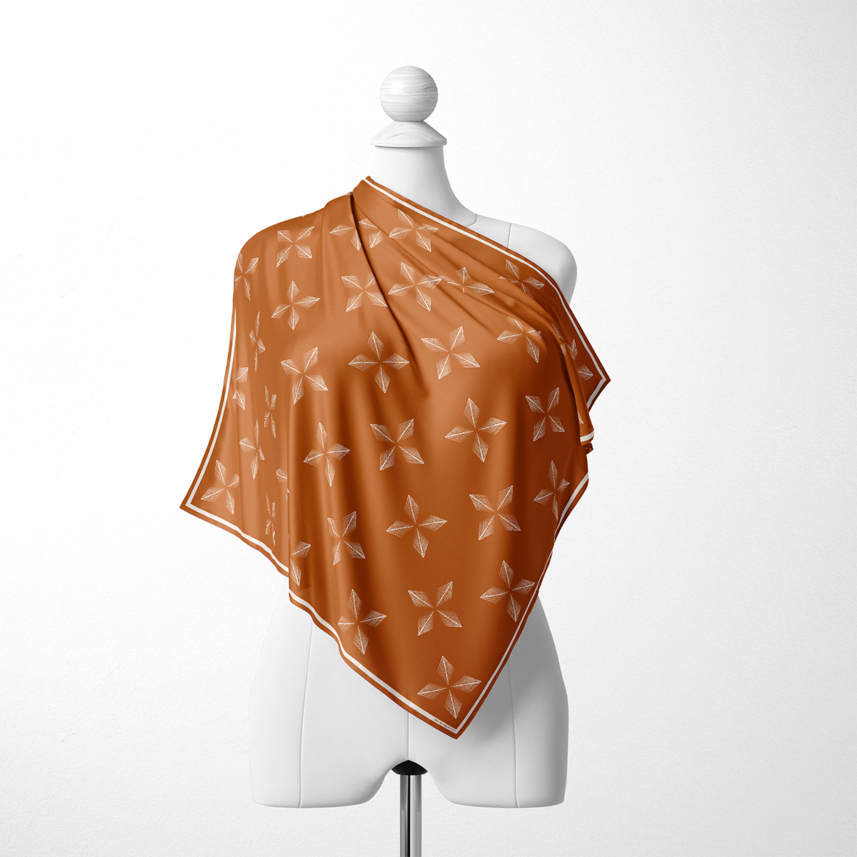 Boho Spice Silk Scarf: Geometric Burnt Orange & Ivory Elements