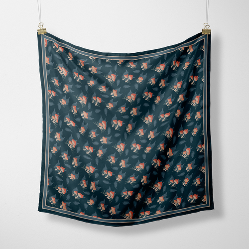 Mysterious Mushrooms Silk Scarf: Forest Magic in Navy and Coral