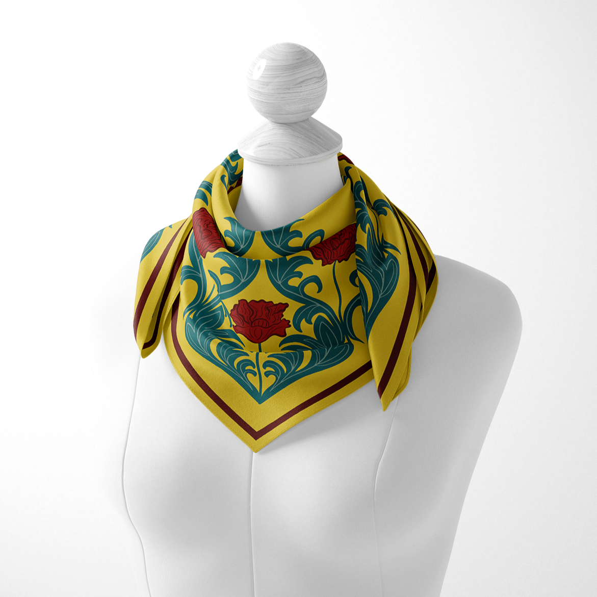 Red Poppy & Mustard Floral Damask Silk Scarf