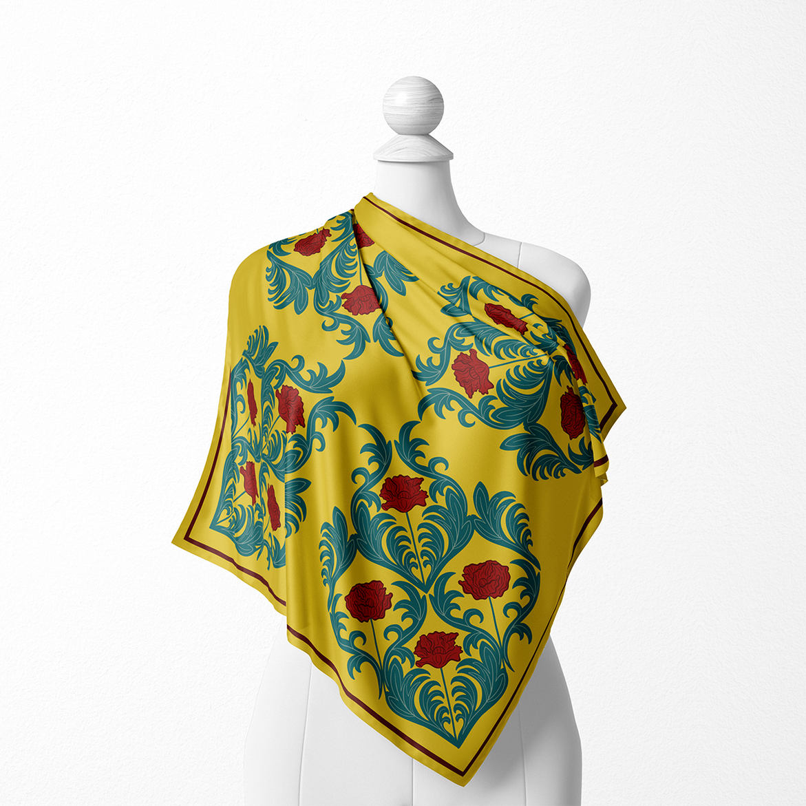 Red Poppy & Mustard Floral Damask Silk Scarf