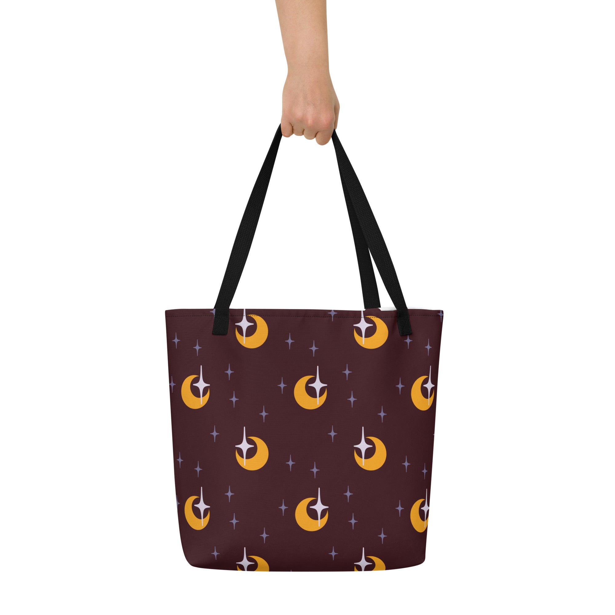 Maroon and Gold Crescent Moon Deluxe Market Tote: A Witchy Night Sky