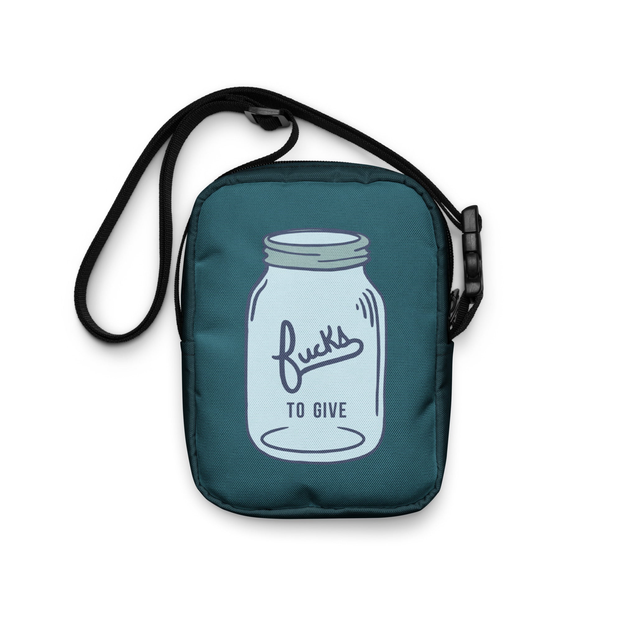 Back view of a crossbody bag with a mason jar that says fucks to give and is empty