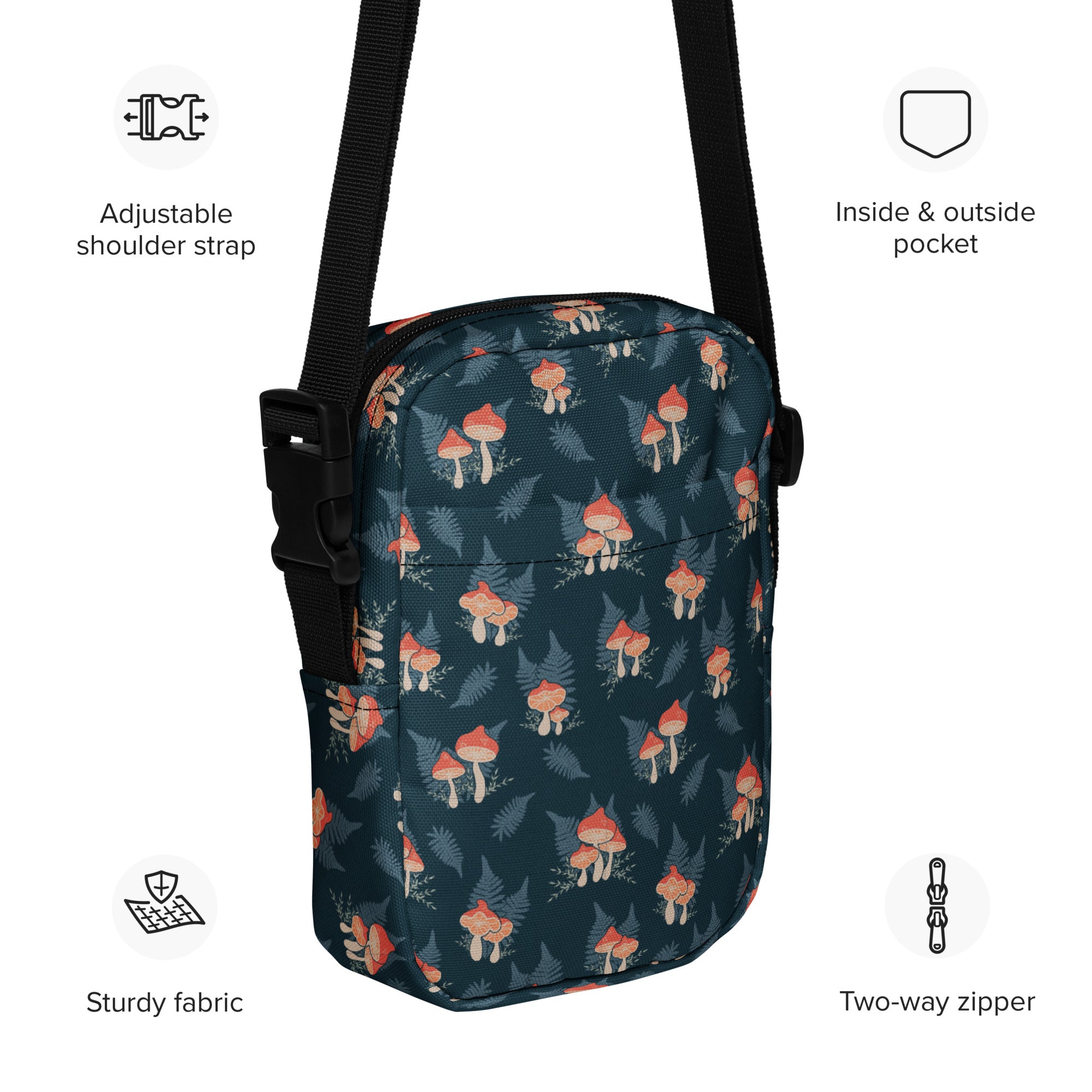 Ferns & Fungi Crossbody Bag: A Playful Navy & Coral Mushroom Forest