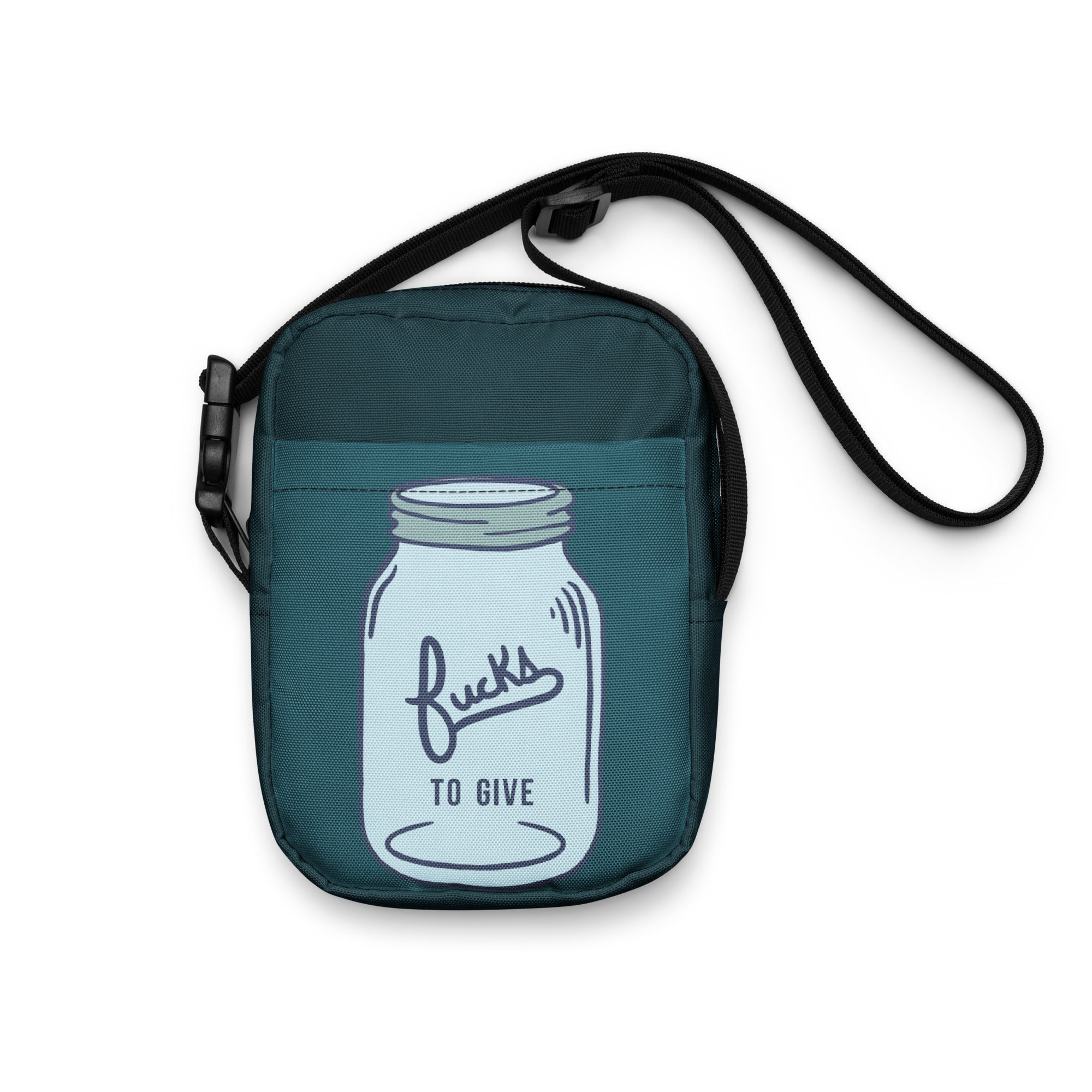 Crossbody bag with a mason jar that says fucks to give and is empty