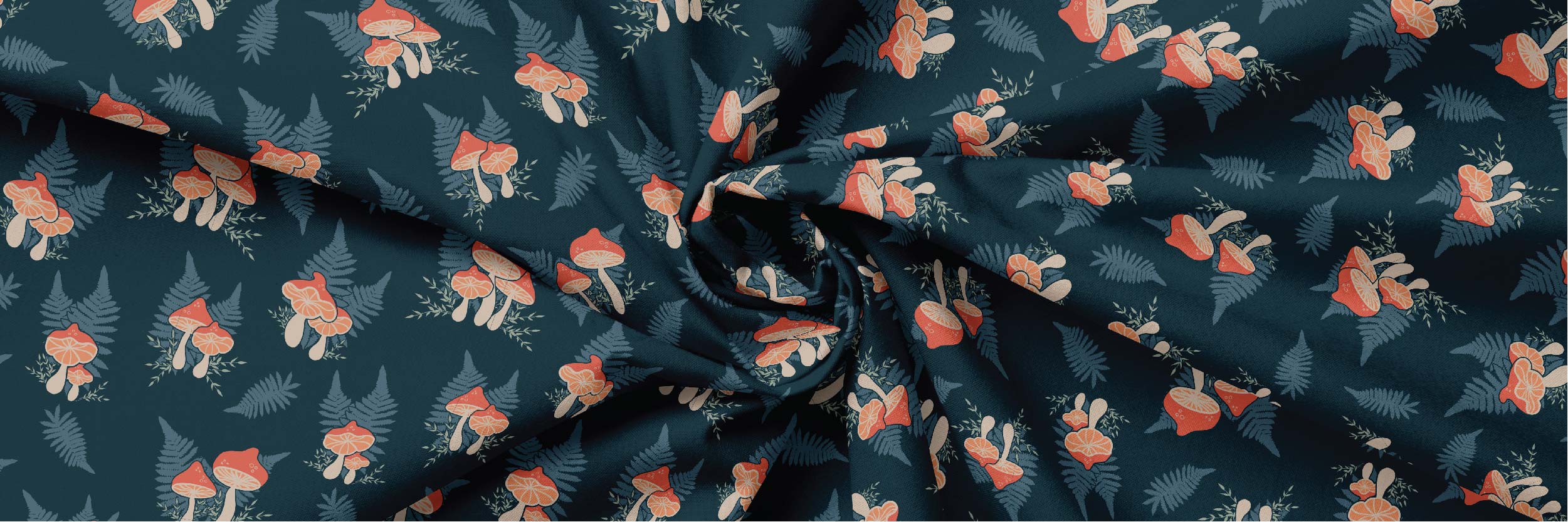 Swirled silk fabric with coral mushrooms and light blue ferns on a navy background